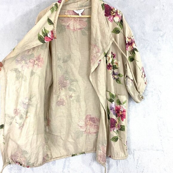 Coral Bay Floral Oversized Linen Open Front Jacket PM Petite Medium Beach Beige - Picture 7 of 16
